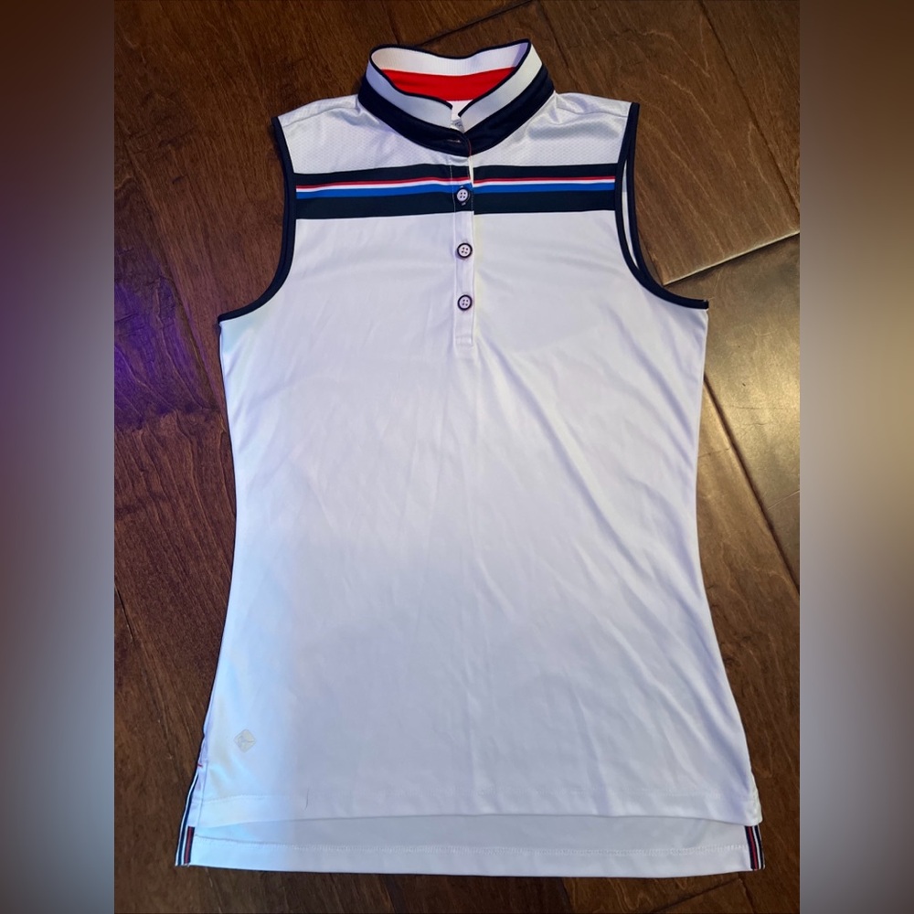 Greg Norman ML75 Women’s Sleeveless White and Red Golf Polo Shirt